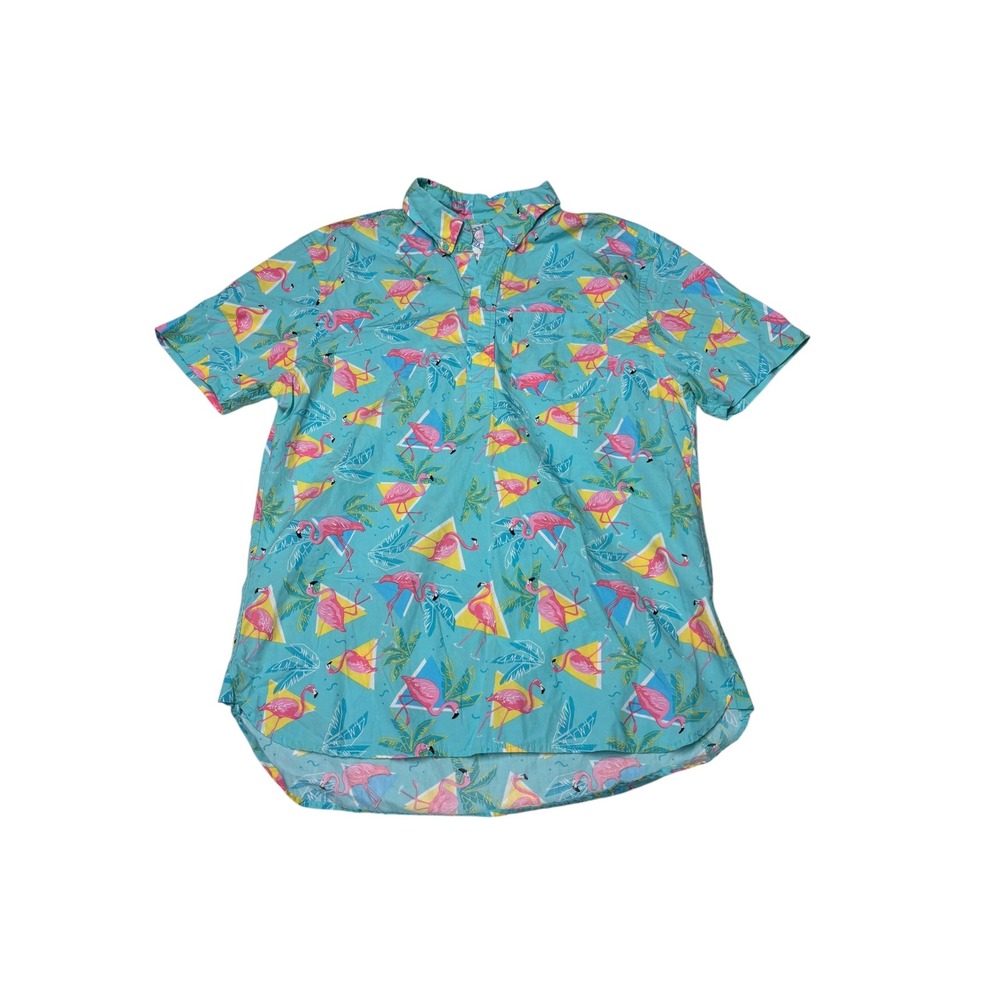Chubbies Mens M USA Flamingo Print Popover Shirt Blue Short Sleeve 100% Cotton